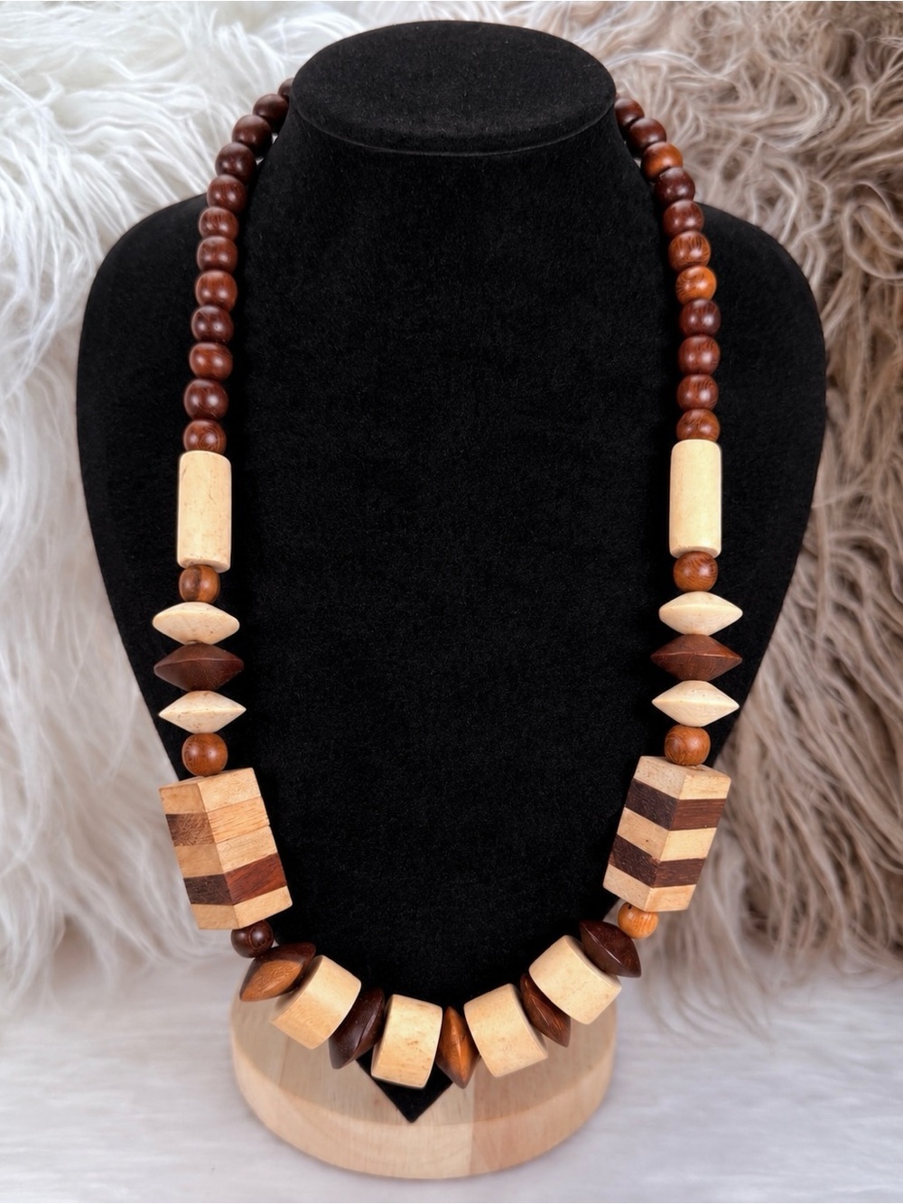 Beautiful, bohemian tribal chic, lightweight carved wood costume necklace